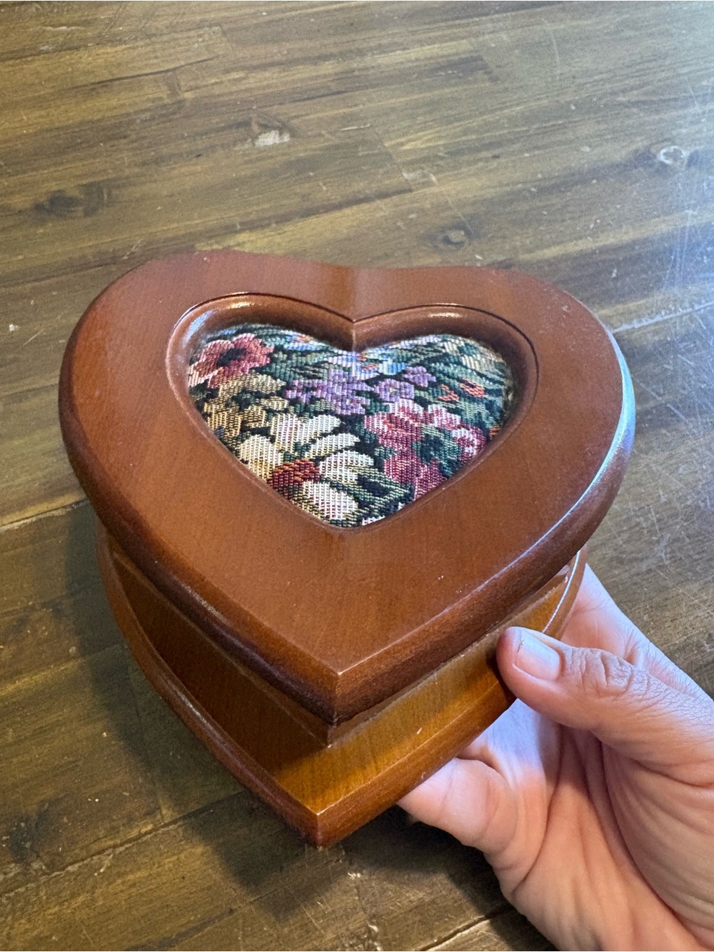 Vintage Heart Shaped Wood Jewelry Box Tapestry Velvet Mirror Grandma Granny